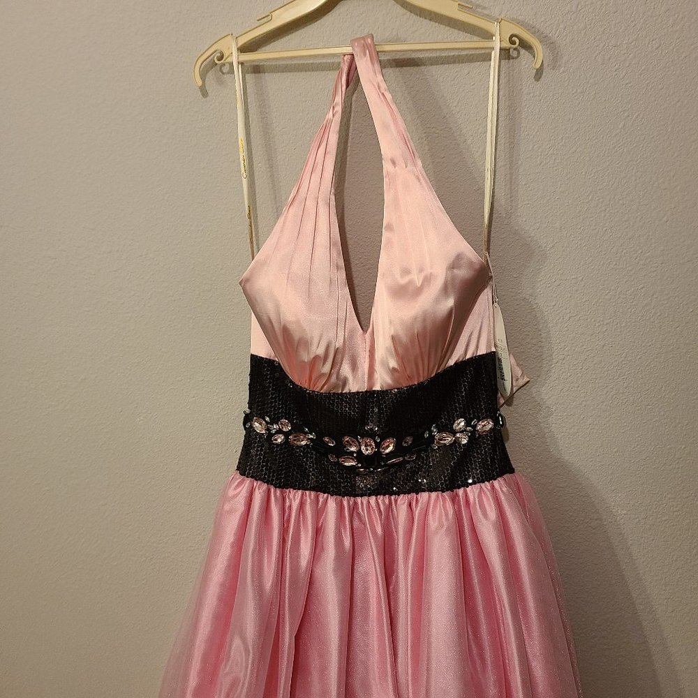 Cassandra stone pink and black halter prom dress